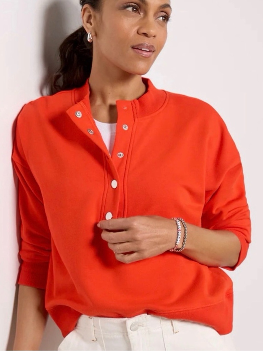 Evereve Andi Snap Button Henley Pullover Sweatshirt Coral XL